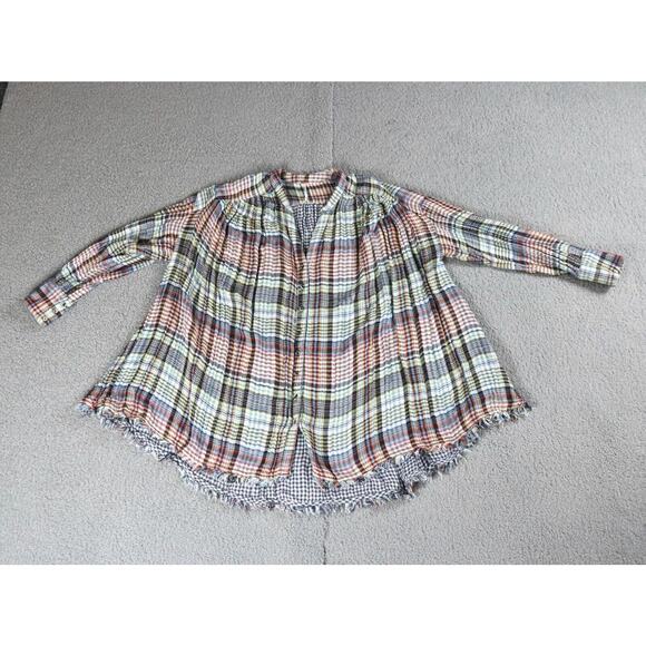 Free People Top Womens Xs Come On Over Plaid Top Button Front Fringe Hem - Picture 1 of 11
